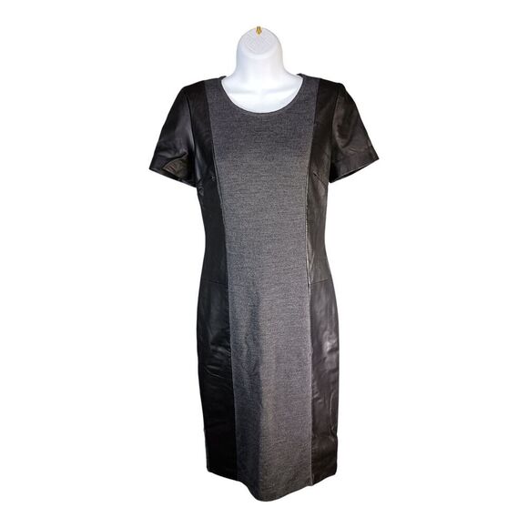 St. John Dress Wool Leather Bodycon Knee-Length Sleeveless Black/Grey Women's 2 - Picture 1 of 5
